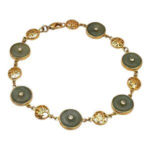 New Good Fortune Jade Station Bracelet Gold Tone Crystal Accent 8 Inch - 7U